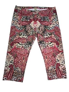 One World Abstract Leopard and Paisley Print 3/4 Length Leggings, 1X